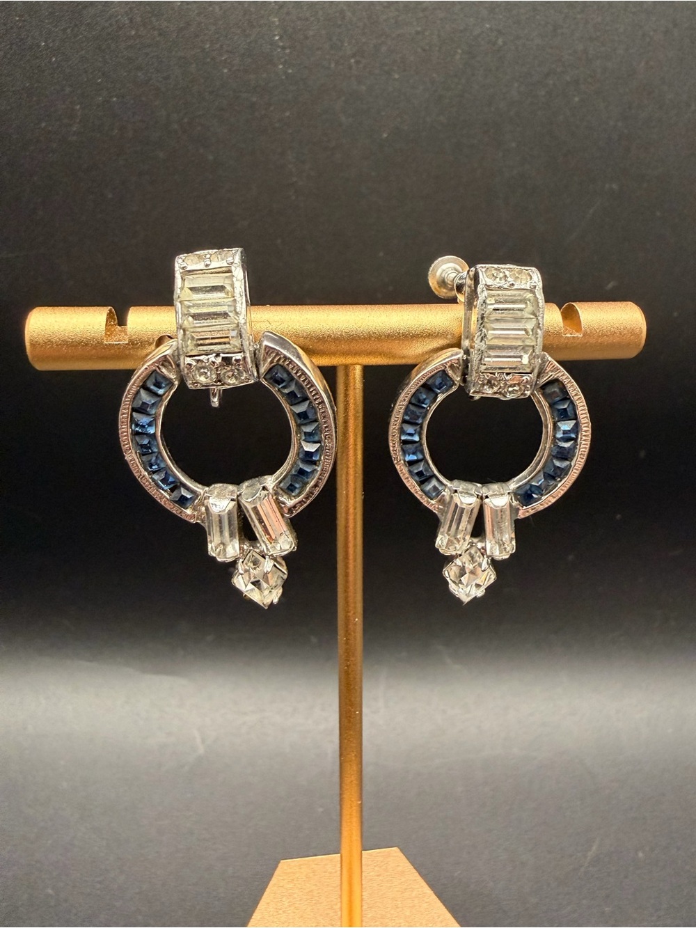 Vintage DENBÉ J.J. Denberg Blue Clear Rhinestone Screw Back Dangle Earrings